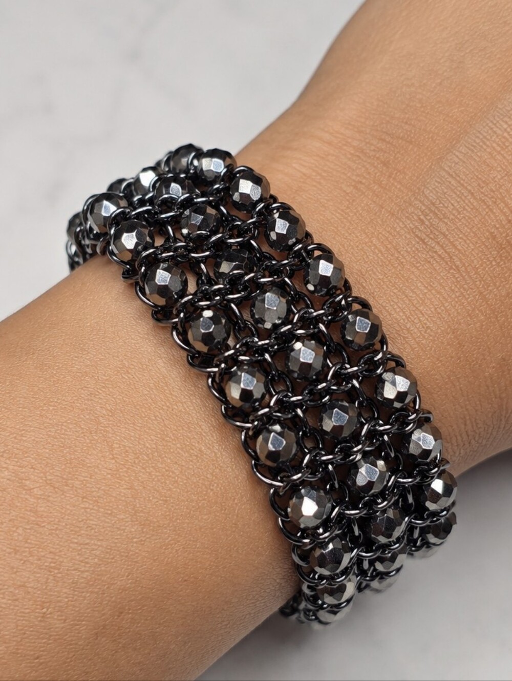 Oil Slick Metallic Black Wide Chunky Woven Mesh Stretch Bracelet Fashion Jewelry